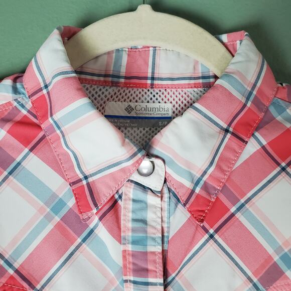 Columbia PFG Womens Pink Blue White Plaid Pearl Snap LS Shirt Top Size Small - Picture 4 of 6
